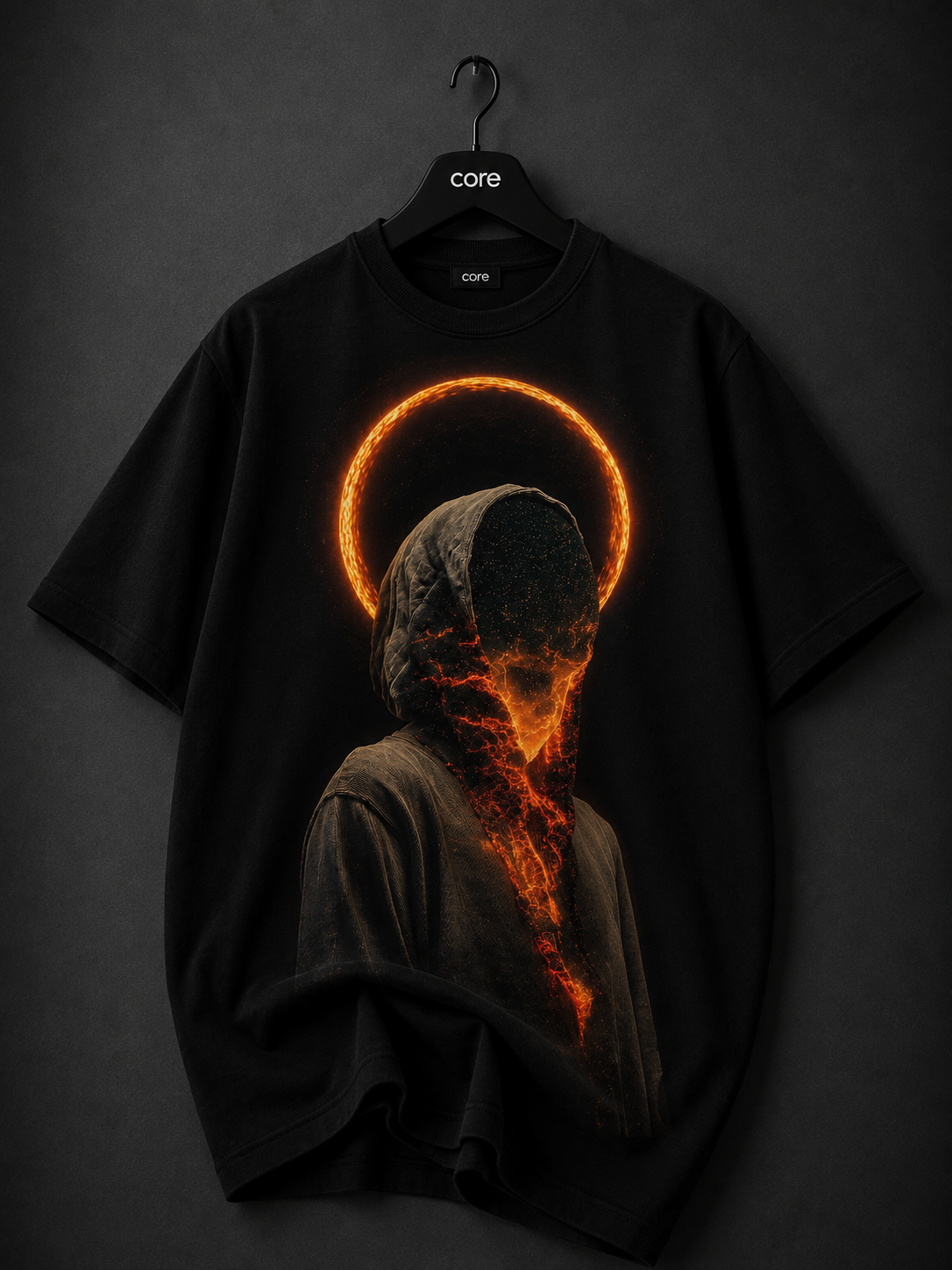 Black oversized T-shirt featuring a surreal hooded figure with a glowing molten face, fiery halo, and dark cosmic aesthetic printed on the front.