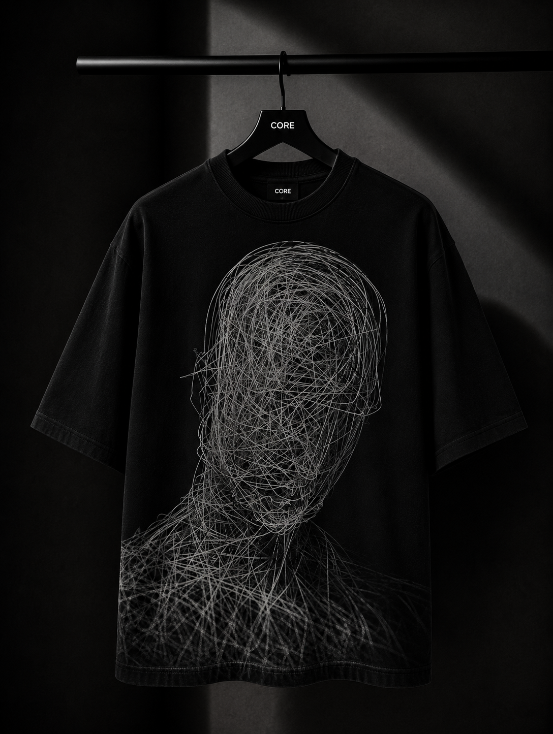 Black oversized graphic T-shirt featuring a minimalist white abstract line-art design on the back, displayed on a premium wooden hanger against a dark studio background.