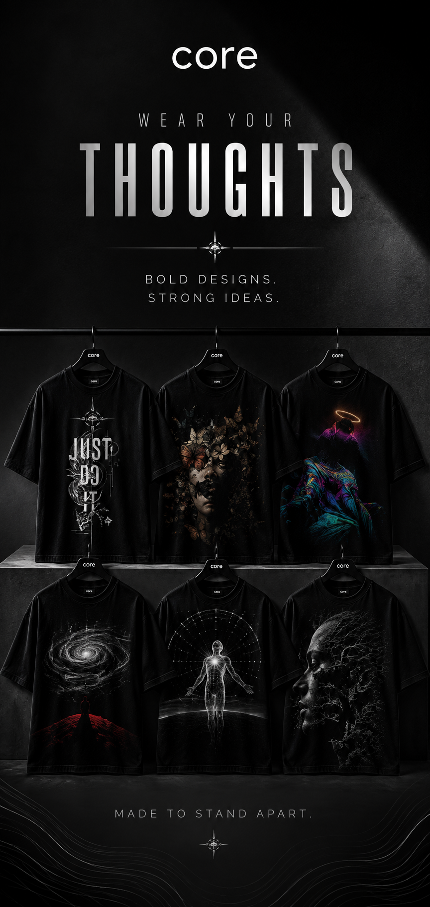 Premium black oversized graphic t-shirts displayed on matte black hangers against a dark studio background, with the core brand logo and the slogan "Wear Your Thoughts" on the left. The hero banner features five artistic graphic tees showcasing monochrome, surreal, and abstract designs, creating a modern luxury streetwear aesthetic in a black, grey, and white colour palette with a prominent "Shop Now" call-to-action.