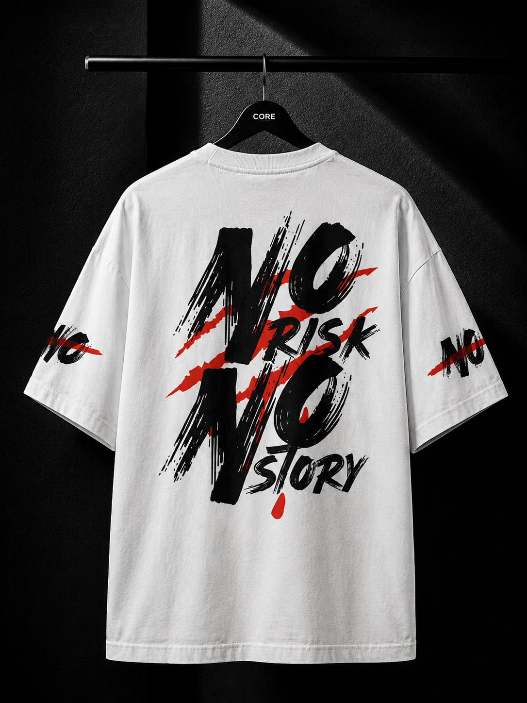 Black oversized T-shirt featuring a minimalist white leaf graphic flowing from the right shoulder on a premium streetwear design.
