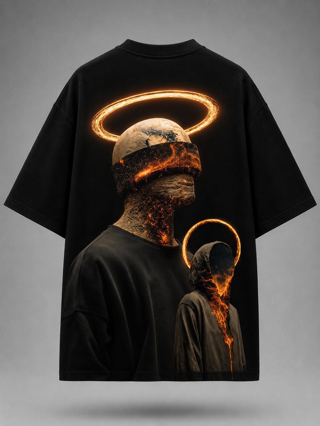 Black oversized graphic T-shirt featuring two surreal cosmic figures with glowing molten energy, celestial halos, and futuristic artwork on the back.