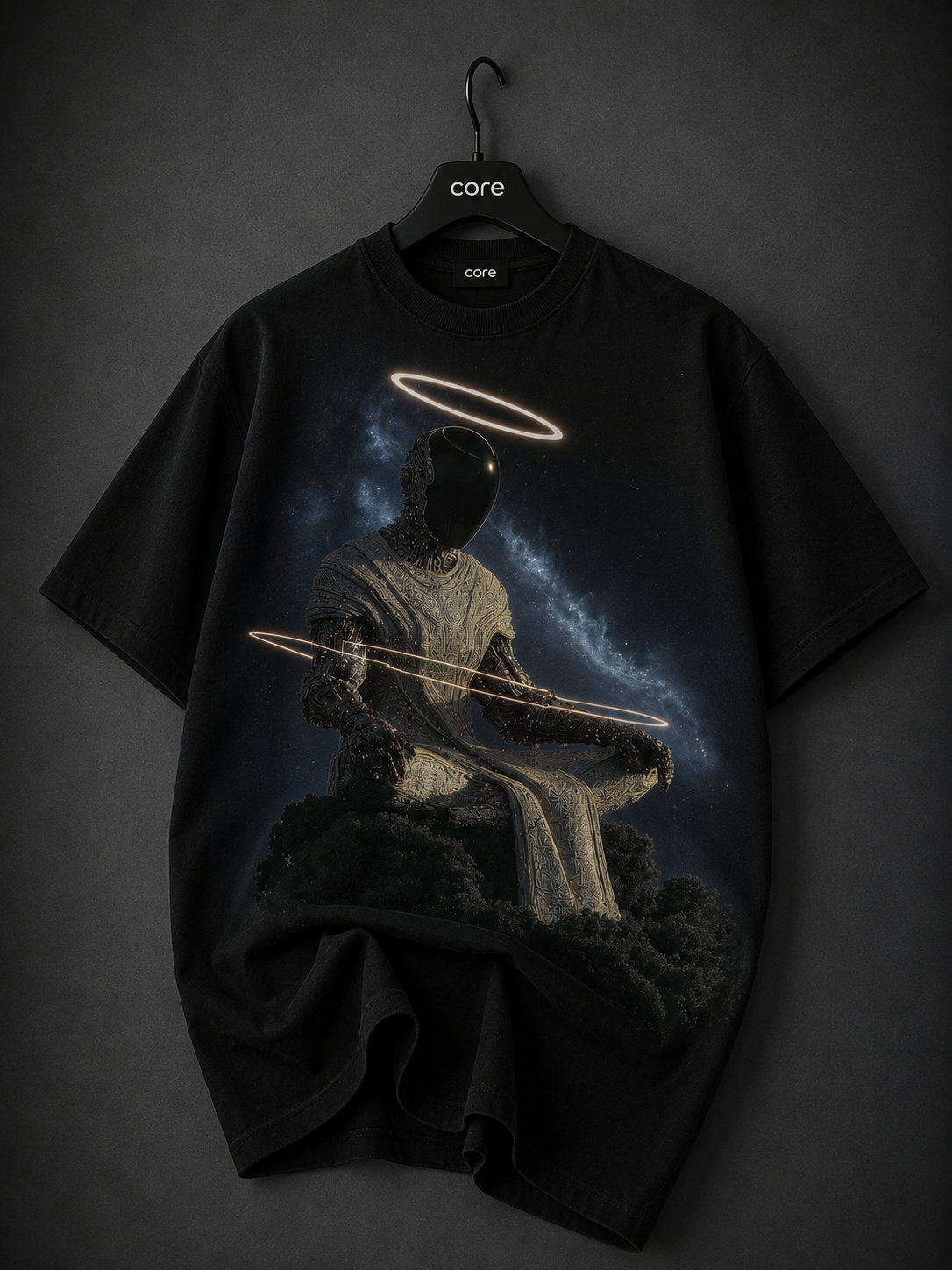 Premium black oversized graphic T-shirt featuring a surreal hooded figure with a faceless cosmic silhouette, glowing molten orange energy, and a radiant fiery halo printed on the front.