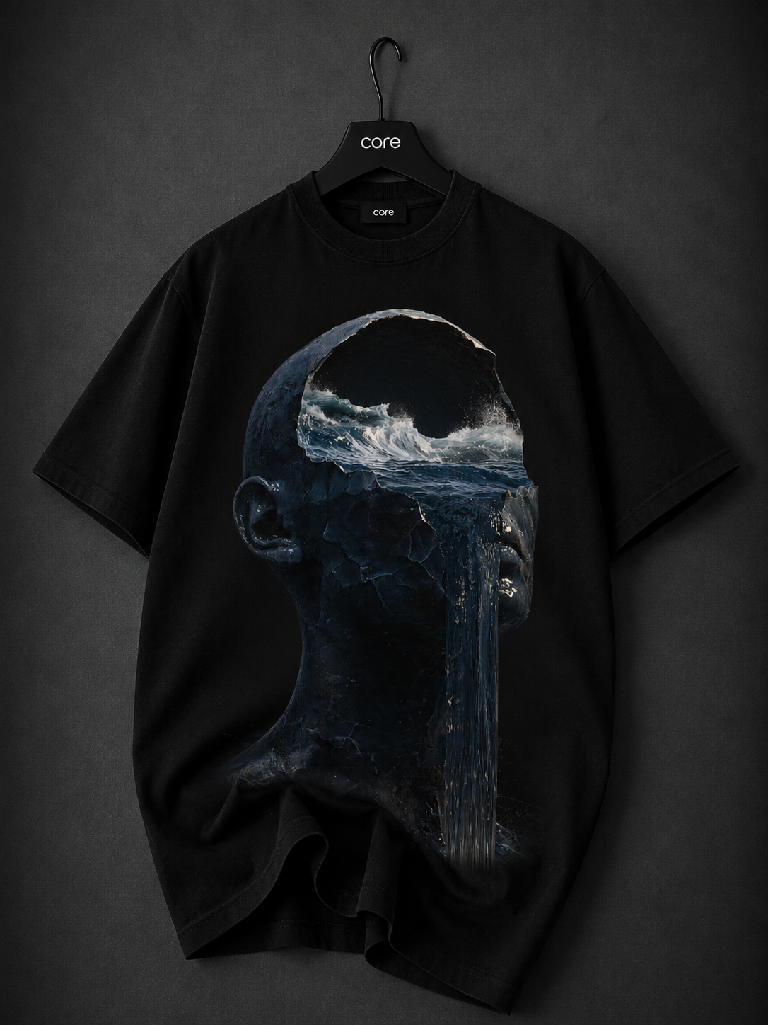Black oversized graphic T-shirt featuring a hooded faceless figure with glowing molten orange energy flowing through the face and chest, framed by a fiery halo on a premium black fabric.